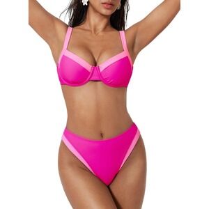 NWT SUUKSESS Pink Color Block Underwire Bikini Set Cheeky High Cut Medium